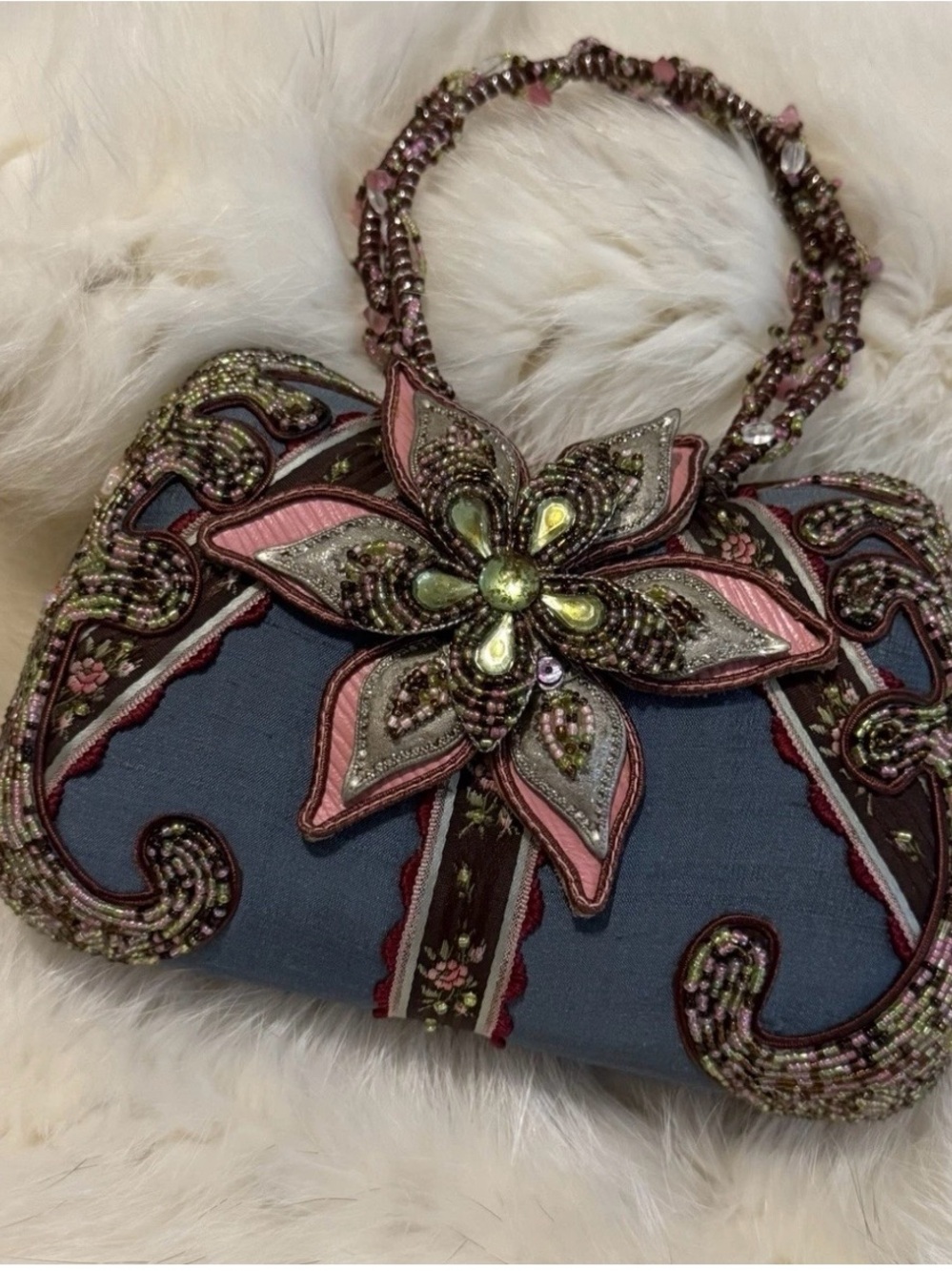 Mary Frances Blue, Pink & Green Beaded Floral Evening Clutch